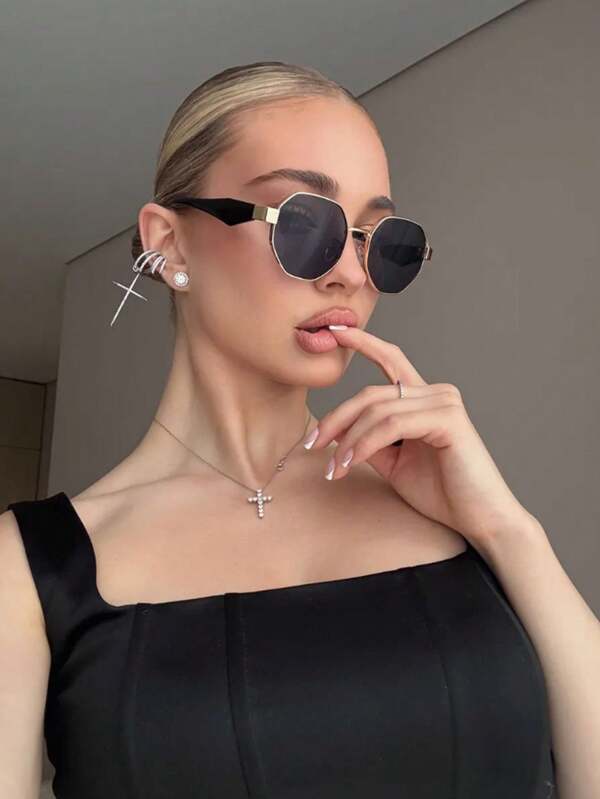 Fashionable Polygonal Metal Glasses For Women And Versatile Vacation Wear With Accessories Suitable For Daily Wear Travel Vacation Beach Party Business Casual Gifts Geometric Shape Shades