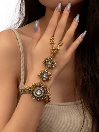 1 件复古风格流苏戒指手链，金属手工硬币和水钻镶嵌戒指链