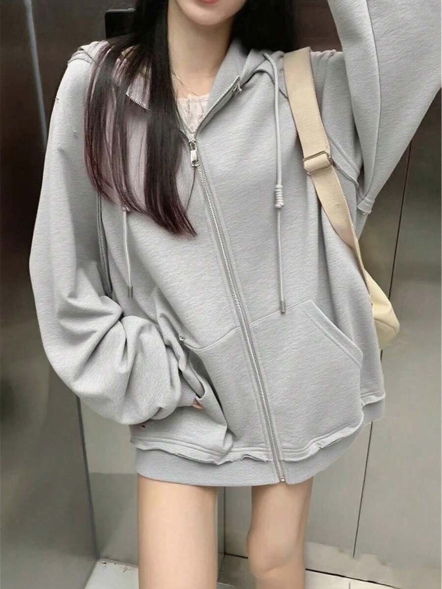 韩版宽松休闲女式连帽运动衫,做旧运动外套 - 灰色 - 查看 1