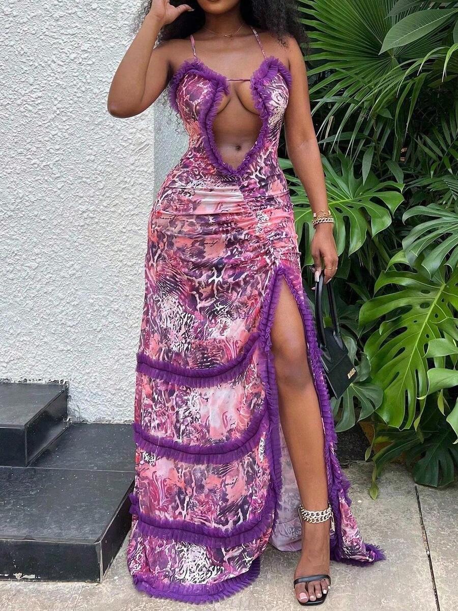 Purple Dresses For Women Sexy Sleeveless Lace Hem Deep V Neck Cocktail Dress Strapless Spaghetti High Slit Long Dress 2024 Fall & Winter Christmas Party Gifts - Màu tím - Xem 1