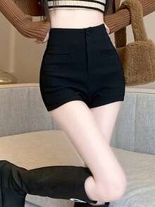 大码女式高腰加厚弹力短裤、休闲紧身裤/紧身裤，适合秋冬 - 黑色 - 查看 2