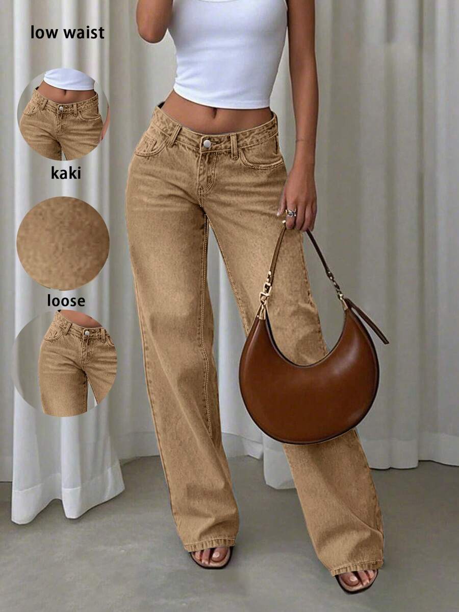 Popular European & American Casual Khaki Women Low Waist Loose Straight Leg Jeans - Brown - View 1