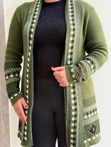 Women's Checkered Kimono Cardigan Teddy Coat Long Sleeve Open Front Elegant Striped Argyle Cute Boho Chic Casual Sexy Fleece-Like Fabric Textured Daily Airport Wear Birthday Party Formal & Evening Holiday - 橄欖綠 - 查看 2