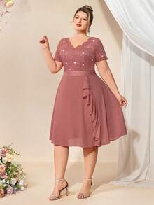 Elegant V-Neck Sequin Lace Contrast Color Chiffon Ruffle Hem Cocktail Party Dress - Dusty Pink - View 12