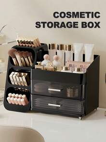 Makeup Organizer With Brush Holder, Drawers, Countertop Storage Organizer, Makeup Organizer Cosmetic Storage For Vanity, Makeup Brushes Storage, Skin Care Storage, Perfect Storage For Lipsticks, Eyeshadows, Nail Polishes, Perfumes, Bathroom & Bedroom Storage, Valentines Gift - 黑色 - 查看 1