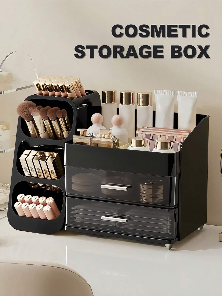 Makeup Organizer With Brush Holder, Drawers, Countertop Storage Organizer, Makeup Organizer Cosmetic Storage For Vanity, Makeup Brushes Storage, Skin Care Storage, Perfect Storage For Lipsticks, Eyeshadows, Nail Polishes, Perfumes, Bathroom & Bedroom Storage, Valentines Gift - 黑色 - 查看 1