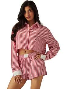 Striped Long Sleeve Shorts Set With Lapel - Hot Pink - View 5