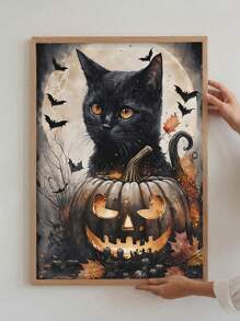 1 pièce, Chat noir d'Halloween - Art mural, Esthétique décorative sombre, Cabine sombre, Imprimé gothique sur le lac, 1 set de 1, Affiches sur canevas, Murs en canevas décorés comme cadeaux d'anniversaire et de remise des diplômes pour la maison, le salon, la chambre, la cuisine et la salle de bain.