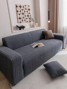 1pc Stretch Sofa Cover With Leaf Pattern - Machine Washable, Non-Slip Couch Protector For Living Room, Fits Single To Four-Seater Sofas, White Textured Fabric For All Seasons, Living Room Essentials | Minimalist Sofa Cover | Snug Fit Cover, Couch Covers For Sofa - Dark Grey - View 5