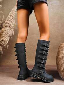Women's Black New Solid Color Punk Style Fashion Comfortable Rivet Buckle Accessory, Fashion & Comfortable Outdoor Casual Spring/Autumn Zipper Non-Slip Thick Bottom Chelsea Boots,Party - Black - View 6