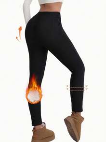 Women's High-Waisted Fleece-Lined Yoga Pants - Slimming Black With Side Phone Pocket, High-Stretch Fabric For Warmth And Comfort, Ideal For Cycling, Running And Yoga - màu đen - Xem 7