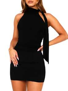 OZICERD Womens Black Halter Dress Bodycon Mini Dress Cocktail Party Dresses Neck Scarf Dress Night Out Club Dress Elegant Dress With Scarf Office Mock Neck Dress Short Prom Homecoming Dress Cute Going Out Dresses For Women Sexy Sleeveless Summer Dress Vacation Y2k Concert Rave Outfits For Women - 黑色 - 查看 2