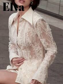 ELVA 白色蕾丝刺绣纽扣镂空复古优雅长袖衬衫，适合日常、度假、约会、婚礼、生日派对等场合。女士衬衫，适合情人节、新年等春季穿着。 - 白色 - 查看 1