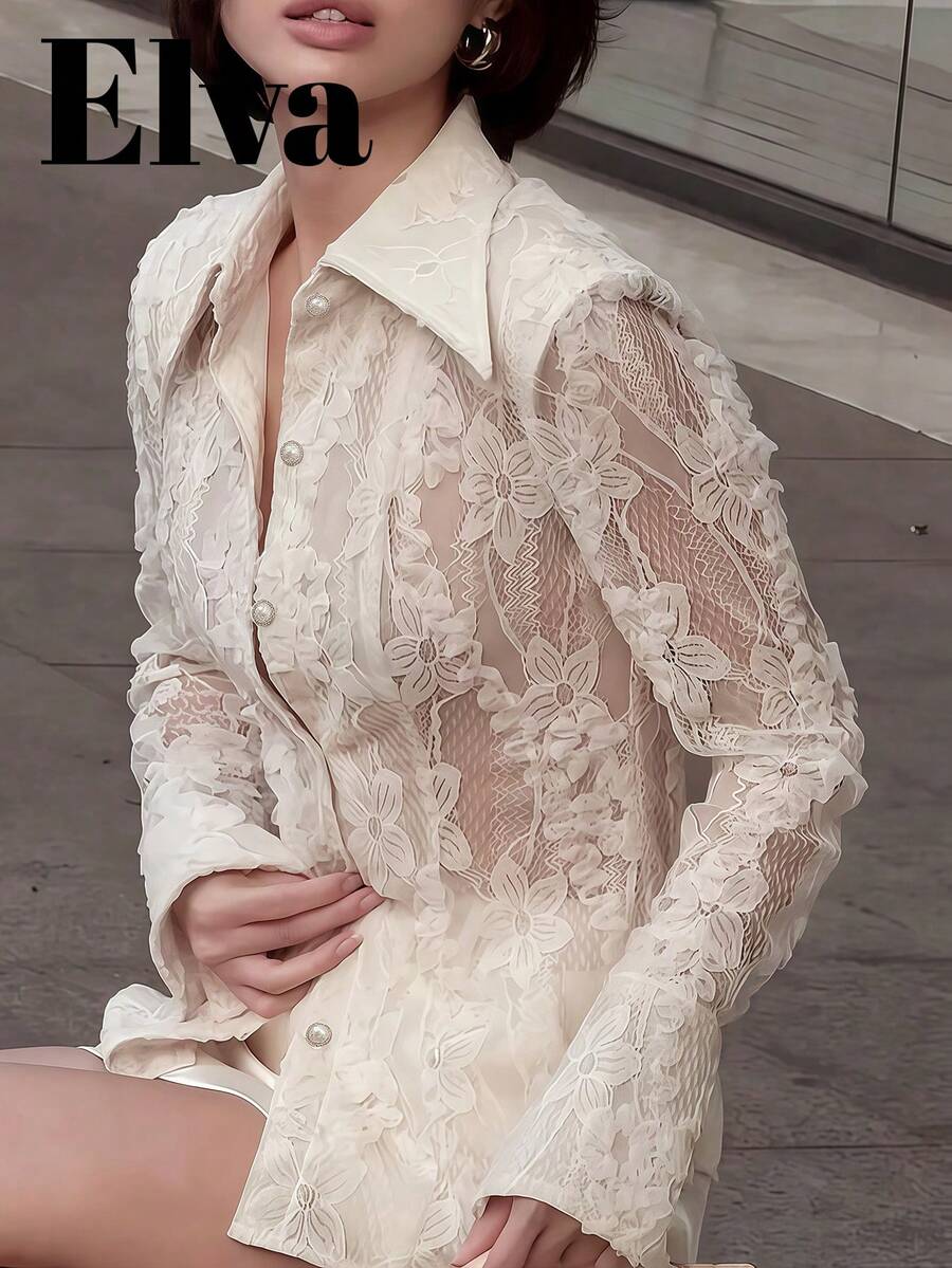 ELVA 白色蕾丝刺绣纽扣镂空复古优雅长袖衬衫，适合日常、度假、约会、婚礼、生日派对等场合。女士衬衫，适合情人节、新年等春季穿着。 - 白色 - 查看 1