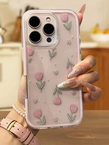 Floral Painted Big Hole Minimalist Double-Layer Dusty Pink Frame Shockproof Thickened Phone Protective Case Compatible With IPhone 16/11/16Pro/16Plus/16ProMax/16E/15ProMax/13/14/12/XS/XR, IPhone16 XR/7/8/IPhone16ProMax/12ProMax/13ProMax/14ProMax 13 11 12P14 Women P11 Soft Shell P12 Anti-Fall XS.XR Protective Cover - Multicolor - View 3