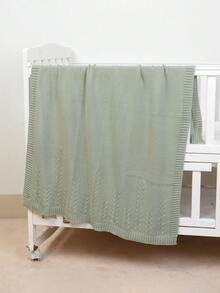 1pc Infant Knitted Solid Color Blanket, Baby Leaf Pattern Throw Blanket, Simple Design For All Seasons - Light Green - View 3