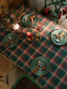 1pc Green Plaid Woven Tablecloth, Vintage American Style With Tassels, Rectangular For Dining Table, Coffee Table, TV Stand, Bedside Cabinet, Suitable For Christmas Holiday Family Gathering Party Decor, Creates Festive Atmosphere - Green - View 6