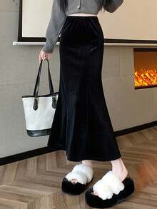 2件套羊毛加厚天鹅绒鱼尾裙，松紧腰，中长款，女士秋冬 - 黑色 - 查看 2