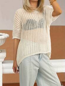 Vacation Clothing Women's Summer Fashion All-Match Hollow Hot Loose Solid Color Pullover Top - View 2