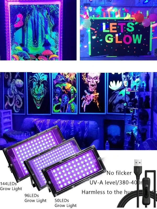UV Schwarzlicht für strahlende Partys, LED Ultraviolett Leuchtstofflicht, IP66 wasserfest, ultradünne Außenflutlicht mit USB-Stecker, Schaltersteuerung und 59-Inch Kabel, erhältlich mit 50/96/144 LEDs, Metalloberfläche, ideal für den Außenbereich, Schwarzlichtpartys, Bühnenlicht, Halloween, Weihnachten, Körperbemalung, fluoreszierende Poster, Neonbeleuchtung