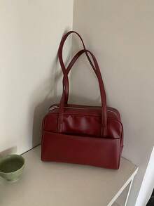 新款韩版枕头手提包复古单肩包大容量手提包上班通勤包不含吊坠（吊坠用于造型，不提供） - 酒紅色 - 查看 7