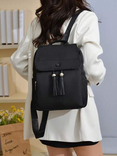 Fringe Flap Small Backpack, New Waterproof Oxford Cloth Rucksack, Large Capacity Solid Color Women Travel Commuter Daypack, School Backpack