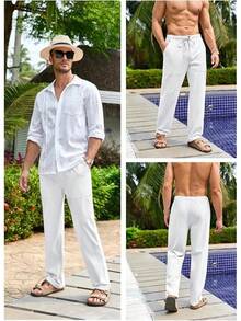 Mens Linen Pants Yoga Beach Loose Fit Casual Summer Elastic Waist Drawstring Baggy Trousers With Pockets Halloween Christmas New Year - White - View 5