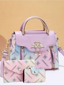 Set Includes Fashionable Women Letter Contrasting Color Shoulder Bag & Handbag , Purple - Purple - View 10
