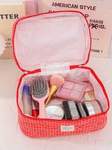 Juego de bolsas organizadoras de gran capacidad para el hogar con cremallera, bolsa de tocador portátil y con asa, bolsa de almacenamiento de cosméticos con diseño acolchado y de cuadrícula clásica en color rojo, bolsa cuadrada pequeña para almacenar toallas sanitarias, bolsa de maquillaje multifuncional para el hogar con asa, regalos para el Día de San Valentín, Navidad, Acción de Gracias, suministros para damas de honor y bodas