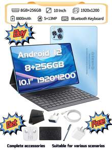 New 2026 Android 12 Tablet 8 Core 2.5Ghz/8GB RAM/256GB Storage Support 256GB SD Expansion/10.1-Inch 1920*1080 LED Screen/5G.4G WIFI /Dual SIM Card Callable/8800mah/Type-C/8mp+16mp Webcam/With Leather Case, Keyboard, Stylus, Adapter, Earphones,OTC Connectors - 藍色 - 查看 2