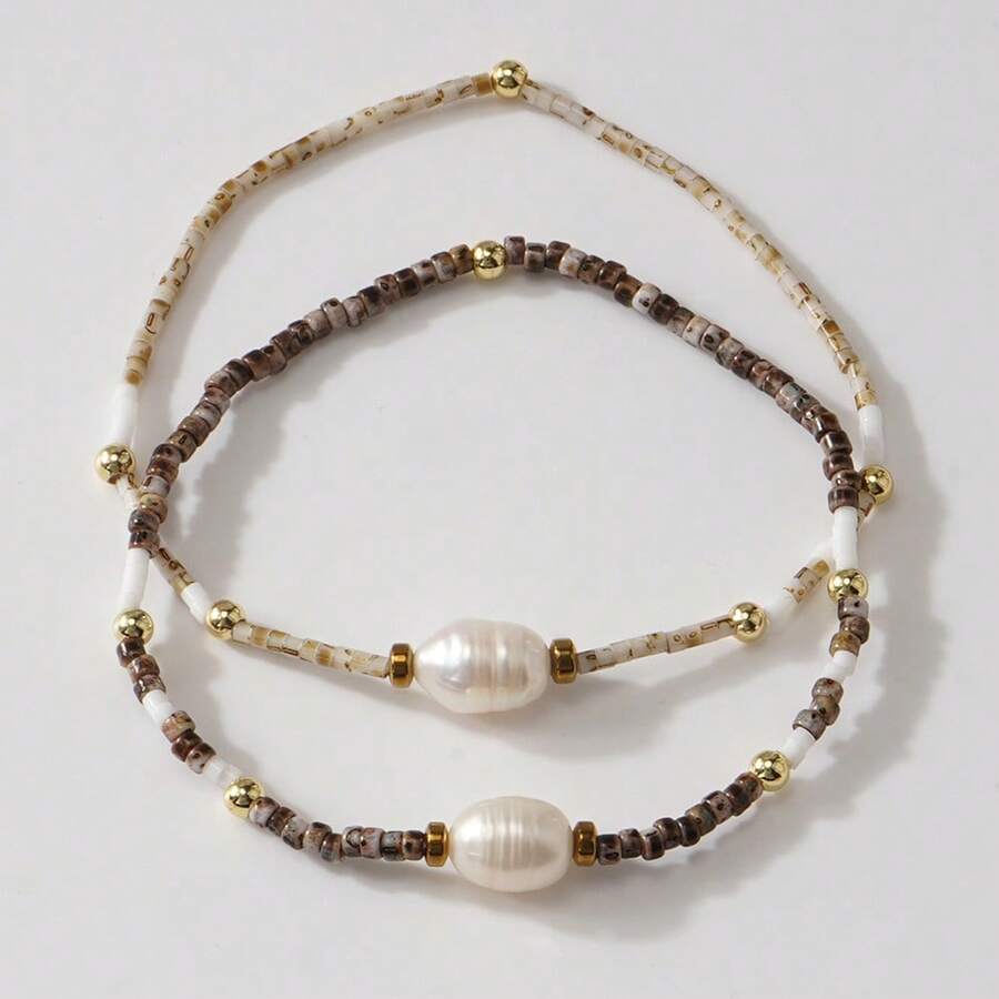 1/2 件/套 极简波西米亚金珠镀金黑胆隔珠珍珠弹力米珠女士手链套装，夏季海滩米珠弹力女士手链，可堆叠女士时尚配饰，毕业季礼物，同学礼物，朋友礼物，夏季海滩礼物，女朋友礼物 - 彩色 - 查看 1