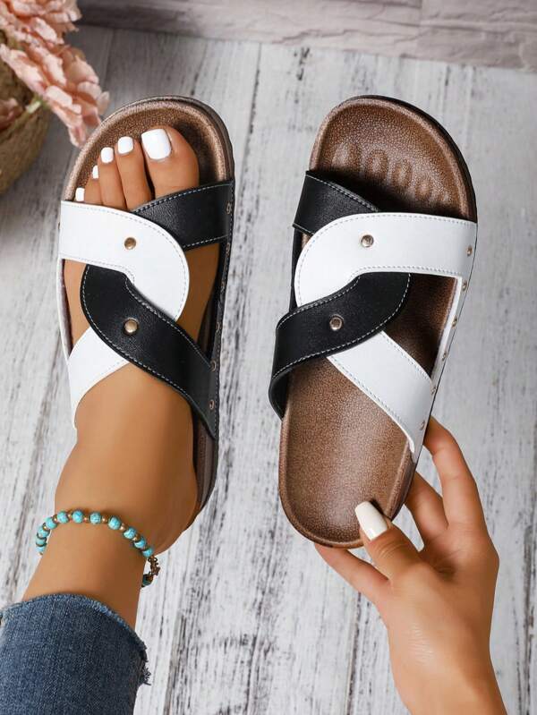 Fashion Cross-Strap Flat Slippers In Holiday Style – Unisex Summer Beach Buckle Outdoor Leisure Slippers For Men And Women; Women's Double Western-Style Cross Decorated Cork Footbed Suede Tan Slide Sandals; Flat Birkin-Style Rivet Cross Design; Stylish And Comfortable Spring Essentials, Perfect For Spring Break, Easter Vacations, As Casual Shoes, Beach Footwear, And An Ideal Mother's Day Gift Option.