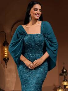 Nuevo vestido de noche elegante y de lujo de alta gama para mujer con mangas de chifón, encaje y aplicaciones de lentejuelas, adecuado para bodas y banquetes (el tamaño es pequeño, se recomienda a los clientes que verifiquen el tamaño al hacer el pedido)