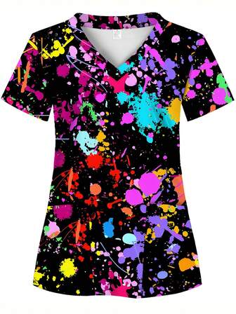 Colorful Splatter Print, 2 Pockets, Women's Scrub Top, Comfortable T-Shirt For Healthcare Professionals - Soft, Breathable, Practical Uniform Suitable For Hospitals, Dental Clinics, Salons And Facilities, Nurse Workwear