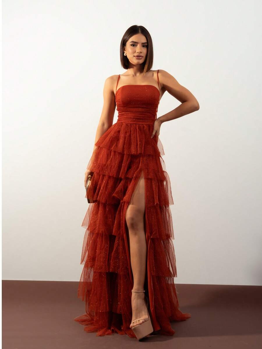 Long Debutante Wedding Party Dress With Shiny Tiered Skirt - 紅陶 - 查看 1