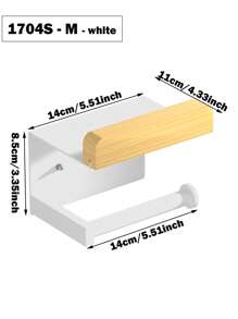 1pc Wall-Mounted Wooden Toilet Paper Holder With Shelf, Self-Adhesive Tissue Paper Dispenser, Durable Metal Frame, Bathroom Storage Rack - For Phone/Wet Wipes/Toilet Paper, Bathroom Accessory, Black/White