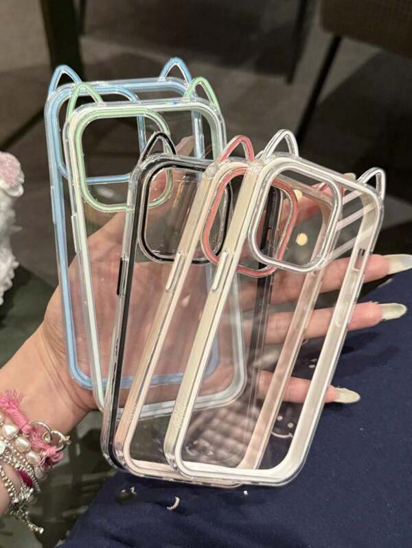 Funda de teléfono transparente con orejas de gato 3D compatible con iPhone 16, 15, 14, 13 Pro Max, cubierta trasera a prueba de golpes con dibujos animados de orejas de gato
