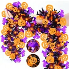 Halloween Decorations, Halloween Tinsel Garland With Orange Pumpkin Black Spider Purple Bat, Shiny Metallic Twist Garland For Home Tree Indoor Outdoor Party Decorations