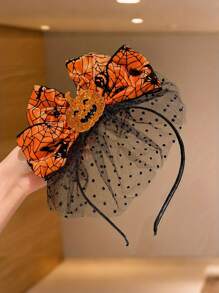 1PC Halloween Pumpkin Headband - Vibrant Orange Spider Web Bow, Unisex Resin & Mesh Fascinator, Adjustable Fit For Adults Over 15 Years Old, Festive Dress-Up & Photography Prop, Party Accessory