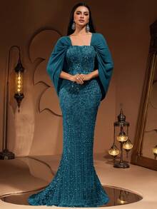 Nuevo vestido de noche elegante y de lujo de alta gama para mujer con mangas de chifón, encaje y aplicaciones de lentejuelas, adecuado para bodas y banquetes (el tamaño es pequeño, se recomienda a los clientes que verifiquen el tamaño al hacer el pedido)