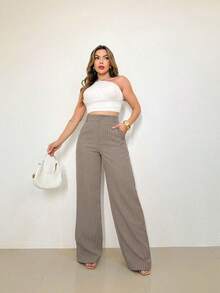 LIN SERVIÇOS, REF: H932 - Women's Striped High-Waisted, Wide-Leg Trousers, Ideal For Casual And Formal Looks. Lightweight, Stylish And Elegant, They Offer Comfort And Sophistication For A Variety Of Occasions. - 卡其色 - 查看 3