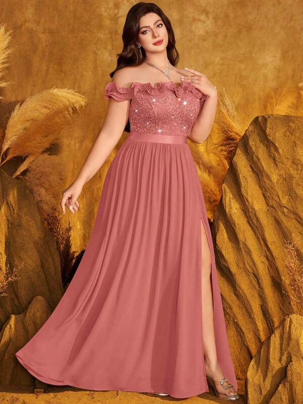 Vestido de fiesta elegante de gasa con cuello en forma de ojo de cerradura, hombros descubiertos, encaje con lentejuelas y adorno floral tridimensional, abertura en el muslo, para fiestas formales, graduación, boda, cumpleaños y eventos formales