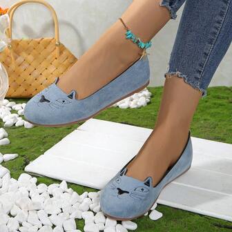 2025新款时尚平底芭蕾鞋，猫咪图案黑色平底鞋，女士低跟鞋，女士夏季平底鞋，夏季一脚蹬鞋，优雅平底凉鞋