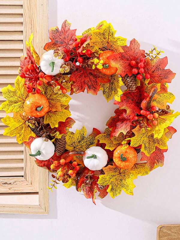 1 pieza Corona de 15.75 pulgadas de otoño y acción de gracias, decoración colgante para ventana, puerta o pared del hogar con calabaza blanca artificial y hoja de arce