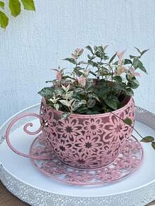 1 件乡村铁艺咖啡杯花盆 - 轻质圆形金属花盆，带装饰手柄，室内/室外花园阳台桌面装饰，适合多肉植物、花卉和植物。送给爱人、父母和朋友的完美礼物 - 彩色 - 查看 4