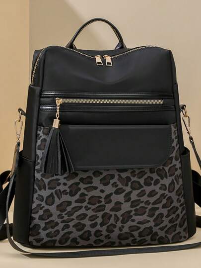 Anti-Theft Leopard Print Tassel Backpack Women Purse, Multi-Function Fashion Day Bag, Multi-Pocket Lightweight Travel Bag, Large Capacity Simple School Bag, Convenient Book Bag, For Students, Travel Vacation, Business Trip, Daily Commuting, Shopping, Office, Dating, Outdoor, Birthday Gift, Holiday Gift, Mochilas