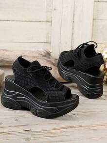 Casual Simple Knit Hollow Out Lace-Up Platform Wedge Running Sports Sandals For Women,Rubber Women Casual Shoes,2025 New Sports Sandals - 黑色 - 查看 5