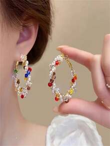 Colorblock Summer ~ Multicolor Pearl Wrapped Ear Clip, Unique Design Exaggerated Earrings, Colorful Dopamine Ear Decorations For Women