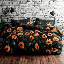 Sunflower Pattern Comforter Set – Soft Black Microfiber, Wrinkle-Resistant / Fade-Free - màu đen - Xem 5