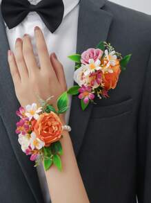 6pcs/1pc High-End Rose Wrist Corsage, Polyester Bohemian Wrist Flower For Wedding, Engagement, Bride, Bridesmaid, Mother Of The Bride/Groom, Wedding Rose Simulation Flower Elastic Wrist/Chest Corsage For Party, Ball, Daily Wear
